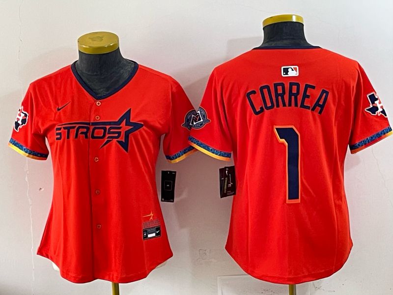 Women 2025 Houston Astros #1 Correa Orange Four generations Joint Name Nike MLB Jersey style 02
